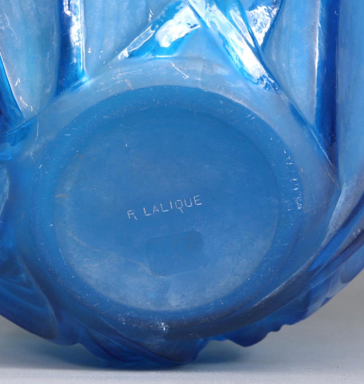 French 1912 René Lalique Sauterelles Electric Blue Vase Glass White Patina Grasshoppers