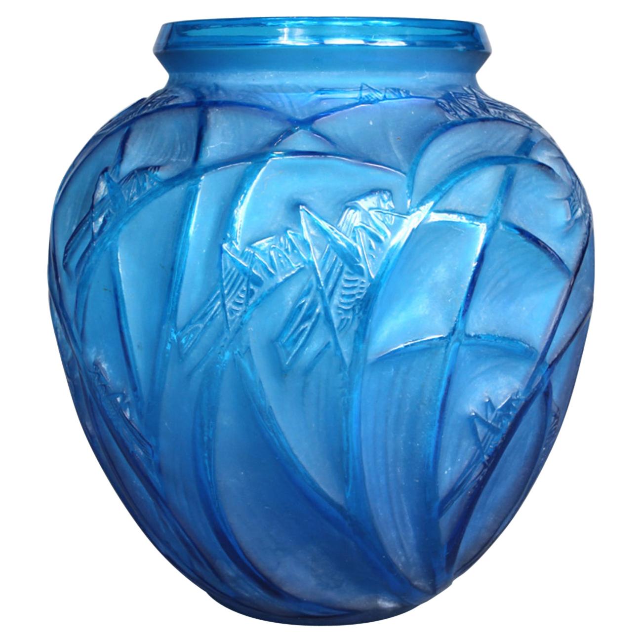 1912 René Lalique Sauterelles Electric Blue Vase Glass White Patina Grasshoppers