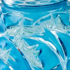1912 René Lalique Sauterelles Vase Glass with Blue and Green Patina Grasshoppers