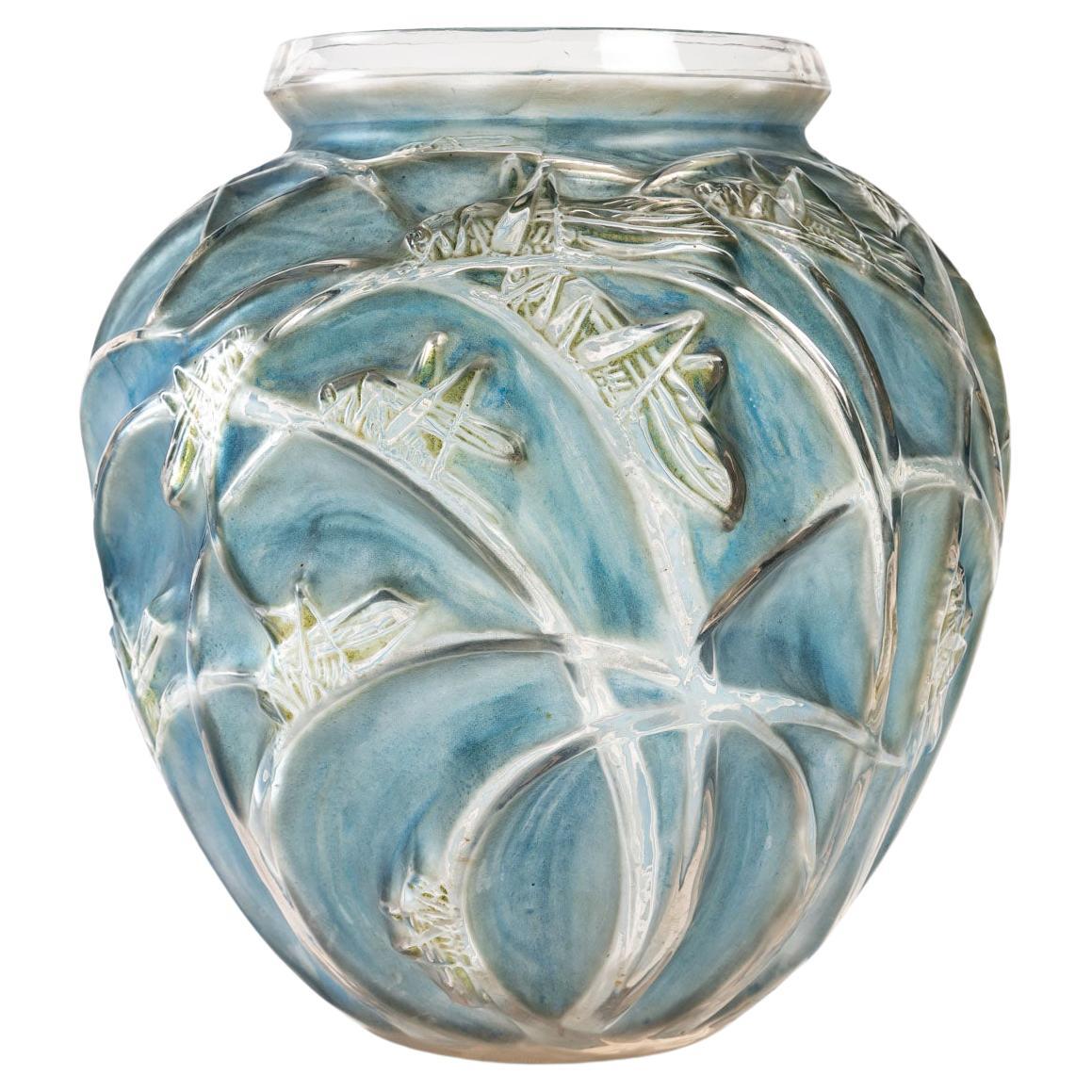 1912 René Lalique Sauterelles Vase Glass with Blue and Green Patina Grasshoppers