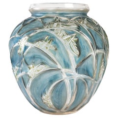 1912 René Lalique Sauterelles Vase Glass with Blue and Green Patina Grasshoppers