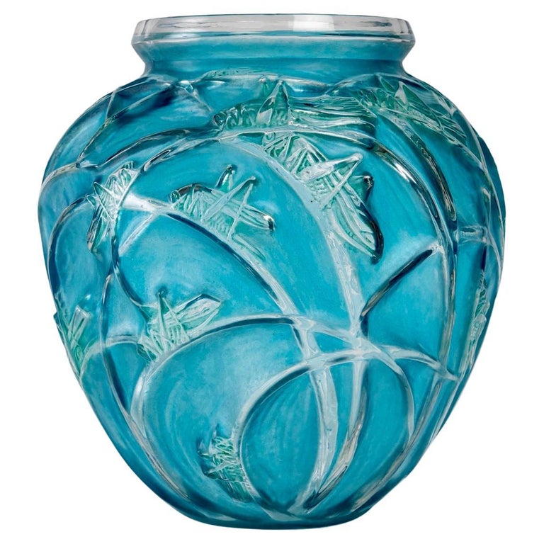 1912 René Lalique Sauterelles Vase Glass with Blue and Green Patina  Grasshoppers at 1stDibs
