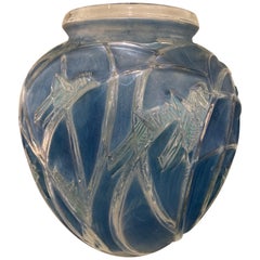 1912 René Lalique Sauterelles Vase Glass with Blue and Green Patina Grasshoppers