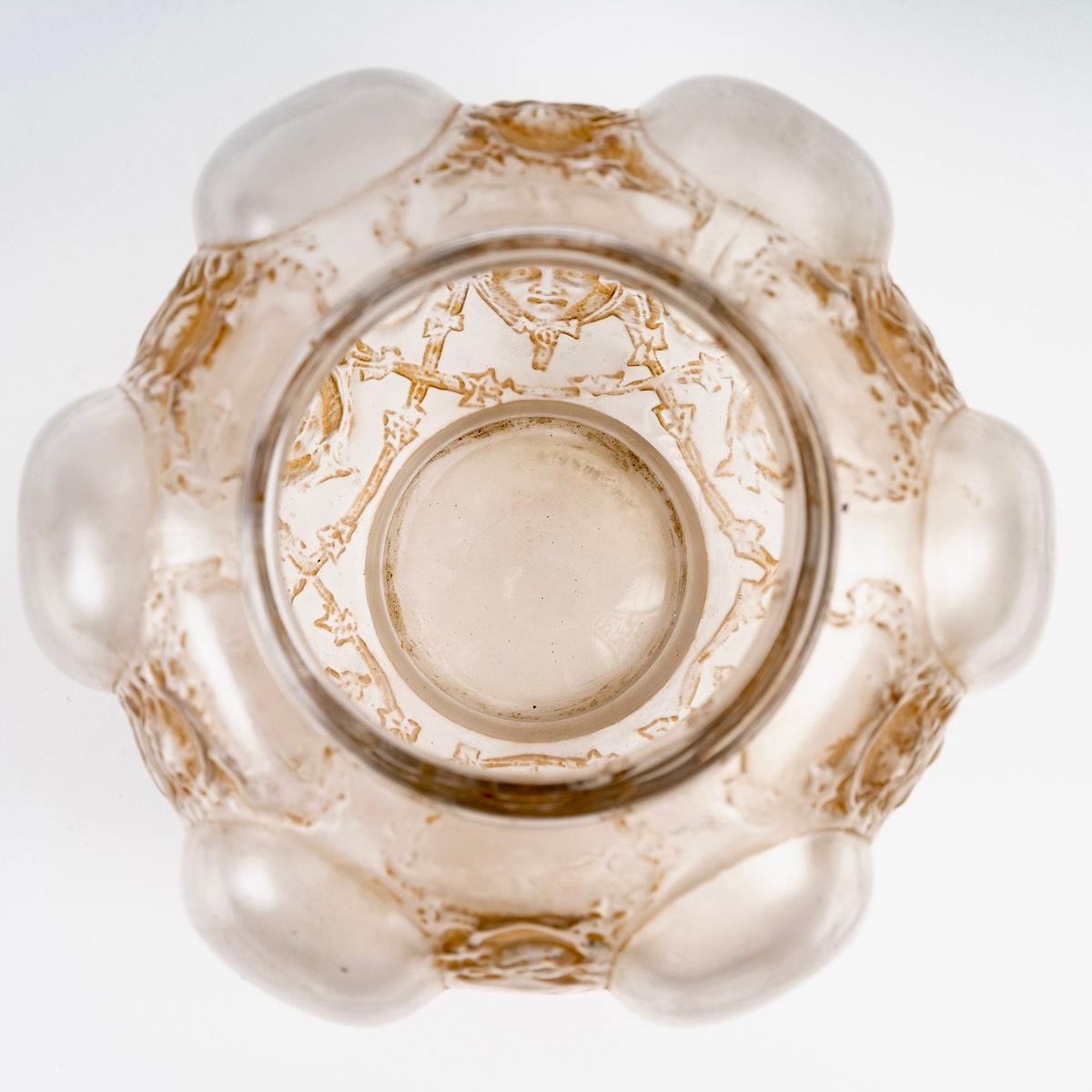 French 1912 Rene Lalique Six Figurines Et Masques Vase Frosted Glass with Sepia Patina