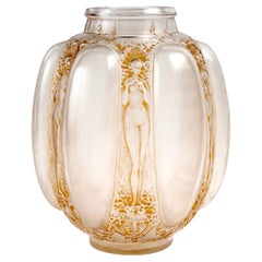1912 Rene Lalique Six Figurines Et Masques Vase Frosted Glass with Sepia Patina