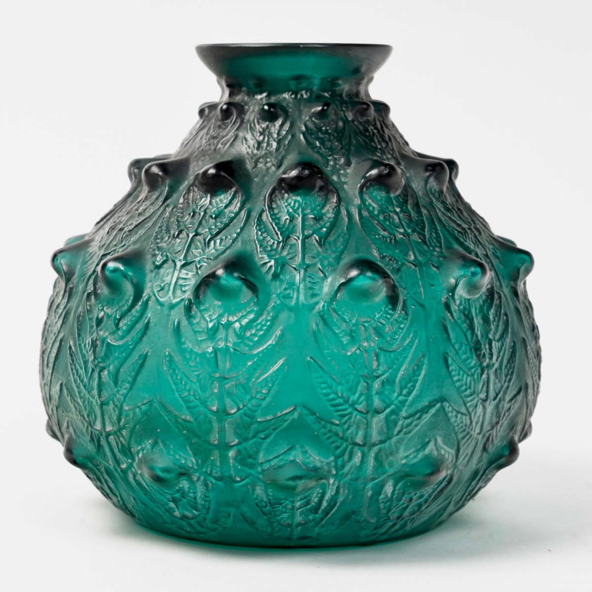 Art Deco 1912 René Lalique Vase Fougeres Teal Green Glass with White Patina Ferns