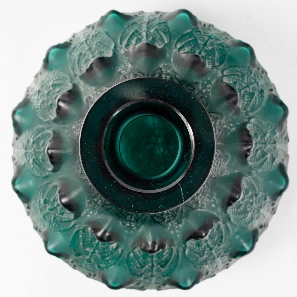 Molded 1912 René Lalique Vase Fougeres Teal Green Glass with White Patina Ferns