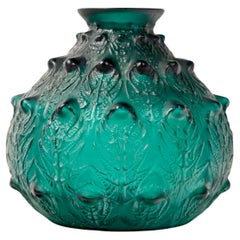 1912 René Lalique Vase Fougeres Teal Grünes Glas mit weißer Patina Farn