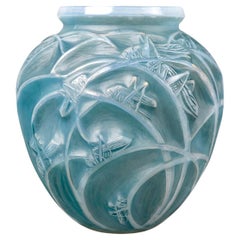 Antique 1912 René Lalique Vase Sauterelles Cased Opalescent Glass Blue Patina