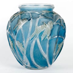 1912 René Lalique Vase Sauterelles Glass with Blue & Green Patina Grasshoppers