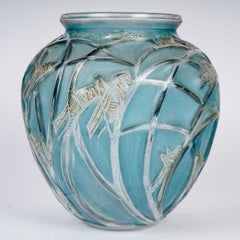 1912 René Lalique Vase Sauterelles Glass with Blue & Green Patina Grasshoppers