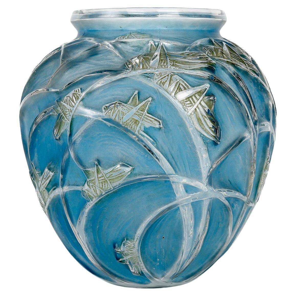 1912 René Lalique Vase Sauterelles Glass with Blue & Green Patina Grasshoppers