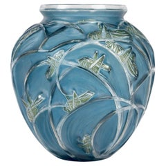 1912 René Lalique Vase Sauterelles Grasshoppers Glass with Blue & Green Patina