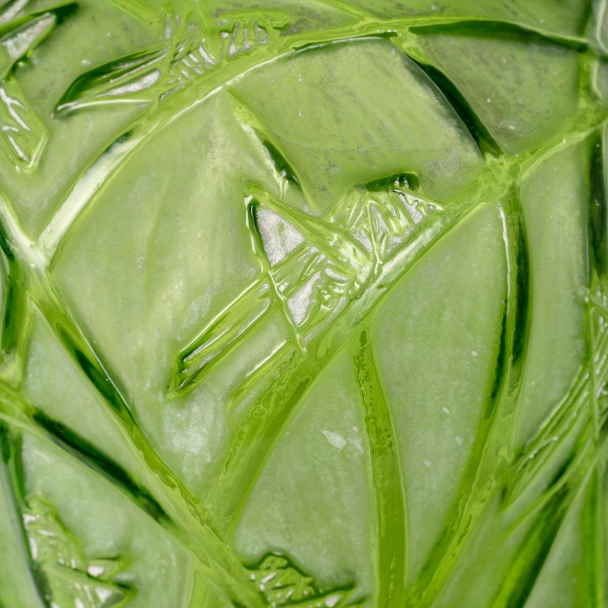 Art Nouveau 1912 René Lalique Vase Sauterelles Lime Green Glass White Patina Grasshoppers