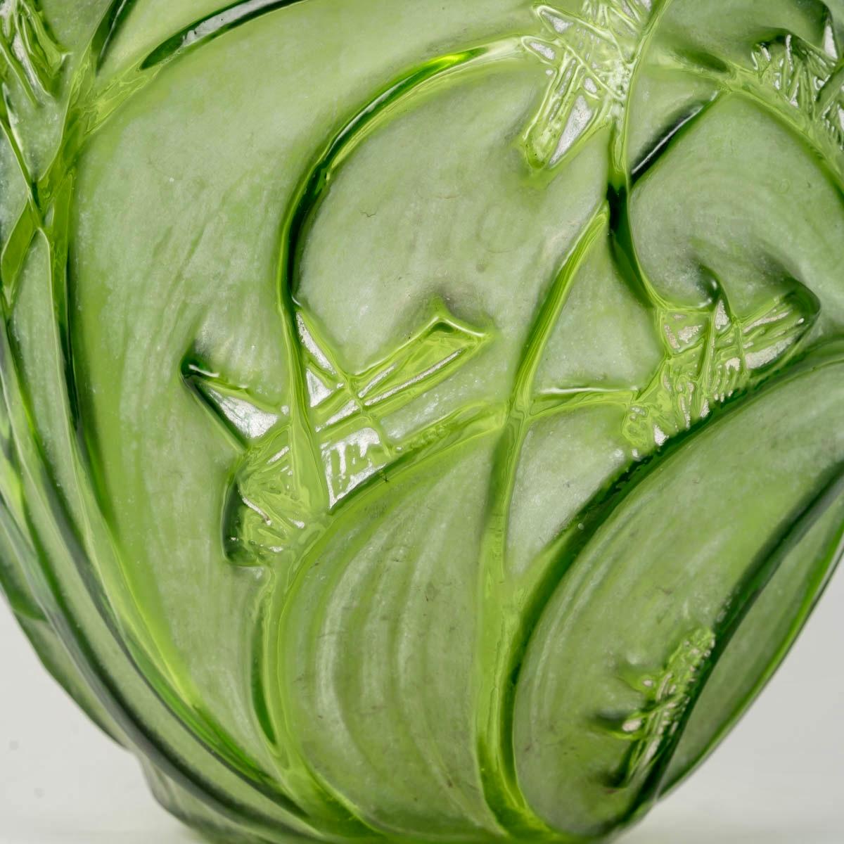 French 1912 René Lalique Vase Sauterelles Lime Green Glass White Patina Grasshoppers