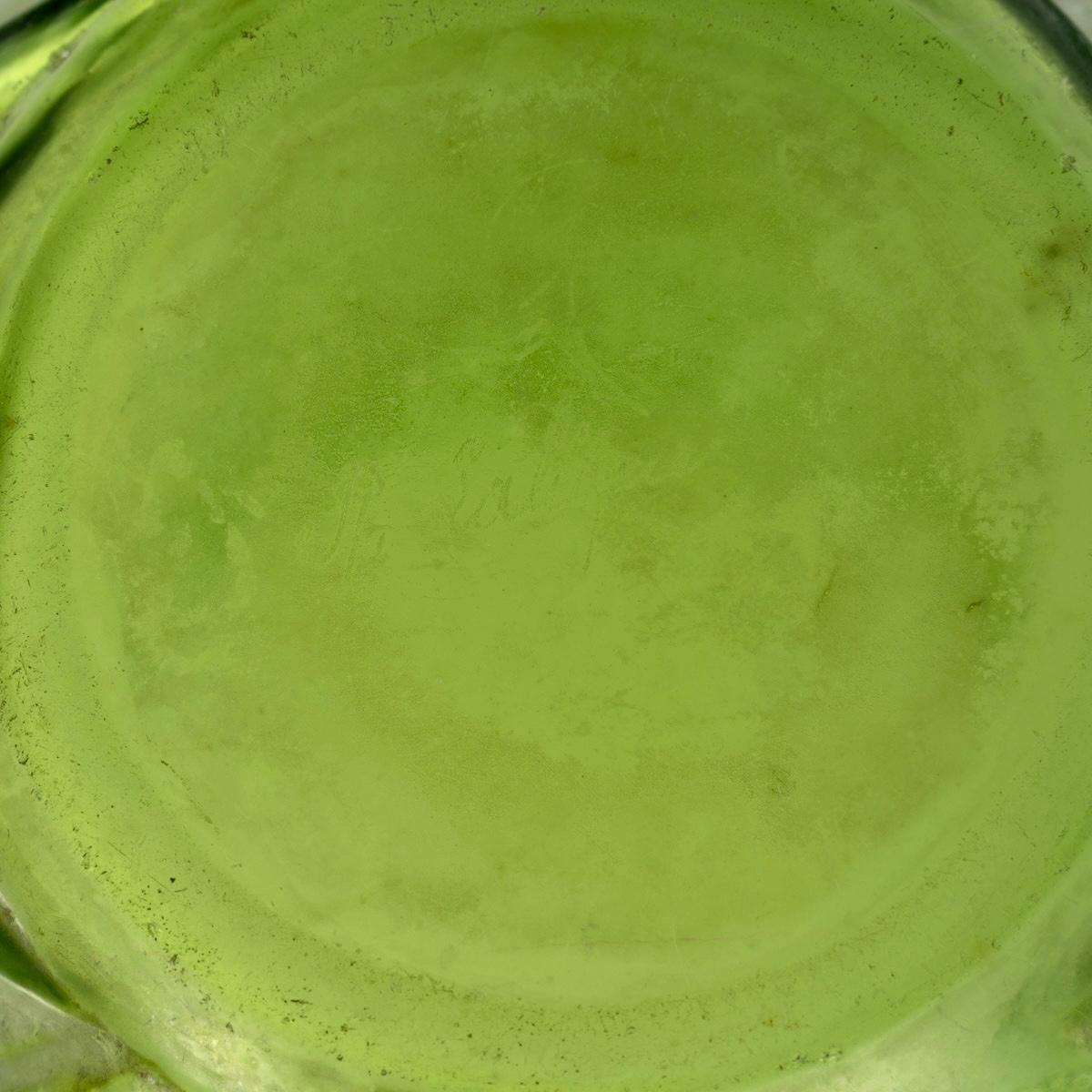 Early 20th Century 1912 René Lalique Vase Sauterelles Lime Green Glass White Patina Grasshoppers