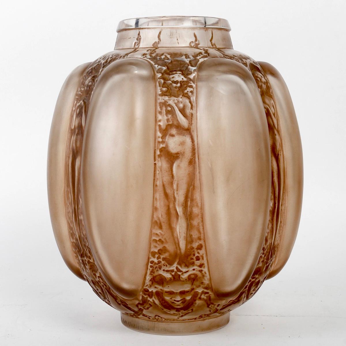 Art Deco 1912 Rene Lalique Vase Six Figurines Et Masques Glass with Sepia Patina