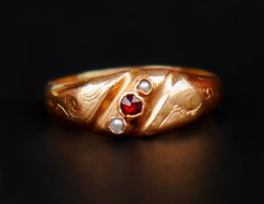 1912  Ring Red Garnet Seed Pearls solid 18K Gold Ø5US / 1.1gr