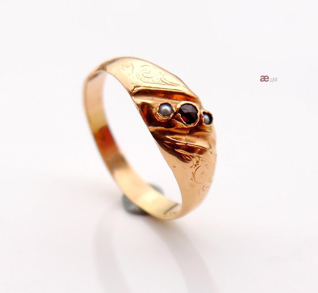 1912  Ring Red Garnet Seed Pearls solid 18K Gold Ø5US / 1.1gr For Sale 1
