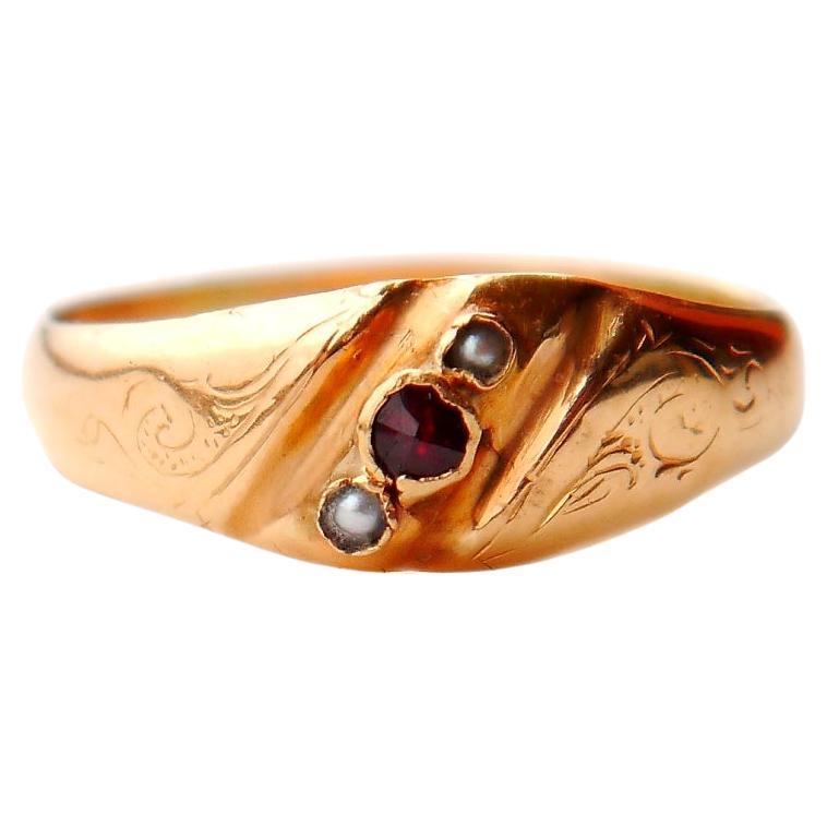 1912  Ring Red Garnet Seed Pearls solid 18K Gold Ø5US / 1.1gr For Sale