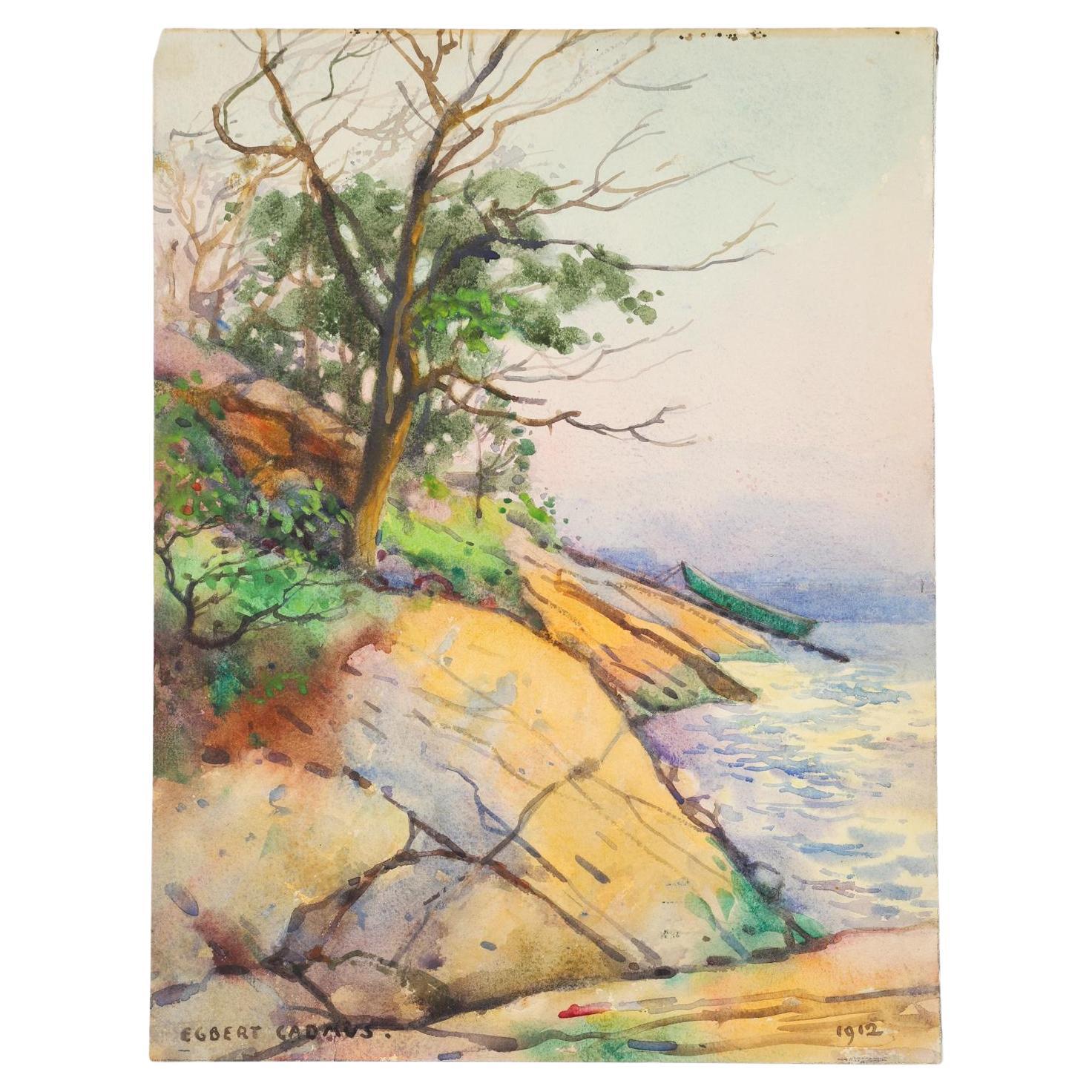 1912 Rocky Coast New England Egbert Cadmus Watercolor Painting For Sale