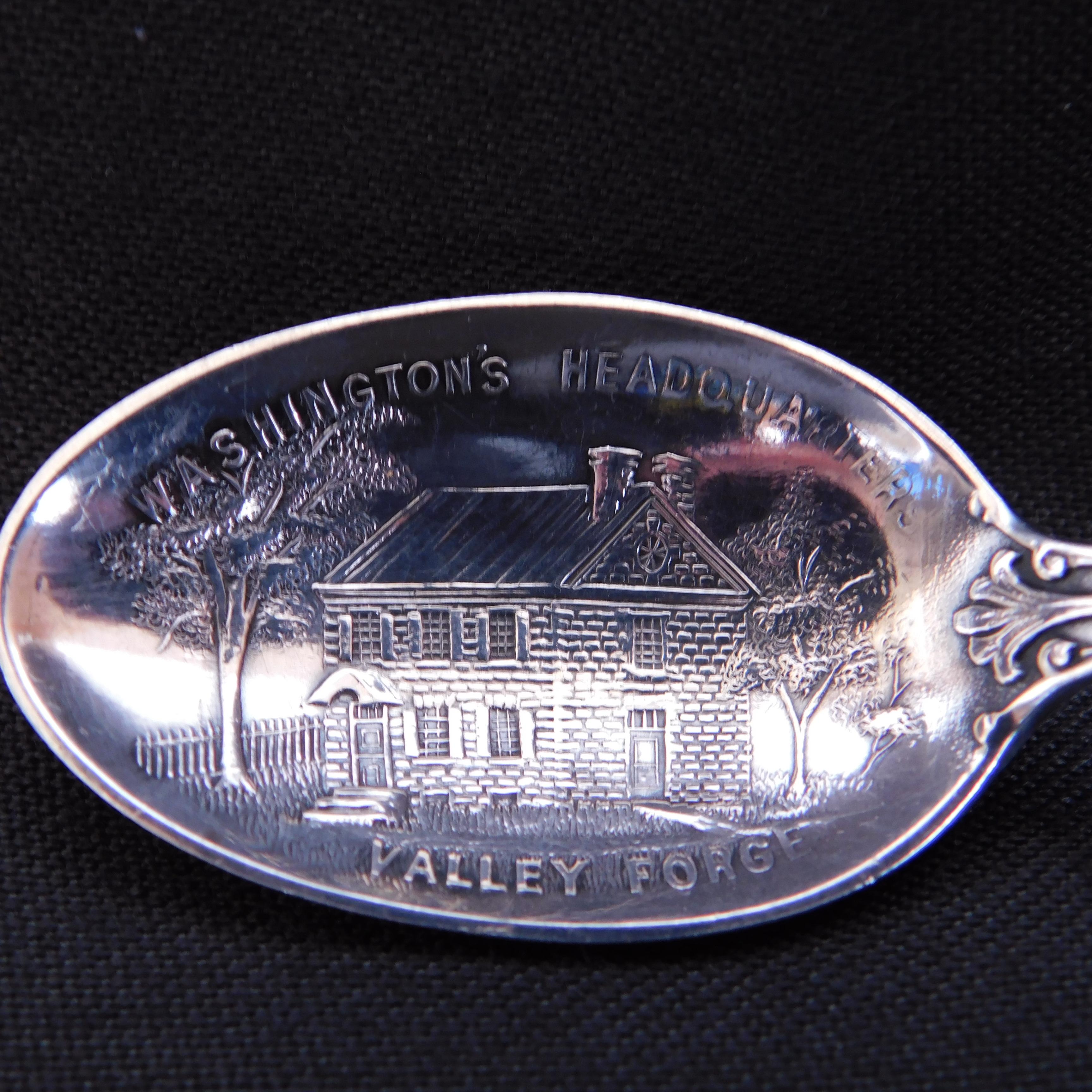 Sterling silver souvenir teaspoon from Washington's headquarters in Valley Forge Pennsylvania. Marked 1912.
