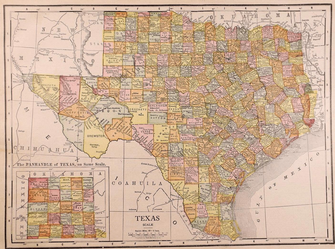 Voici une carte très détaillée du Texas, de Rand McNally, imprimée en 1912. La carte est très complète, colorée par comtés et délimitée en noir. La carte montre la topographie, les rivières, les sources et les lacs, les villes et les agglomérations