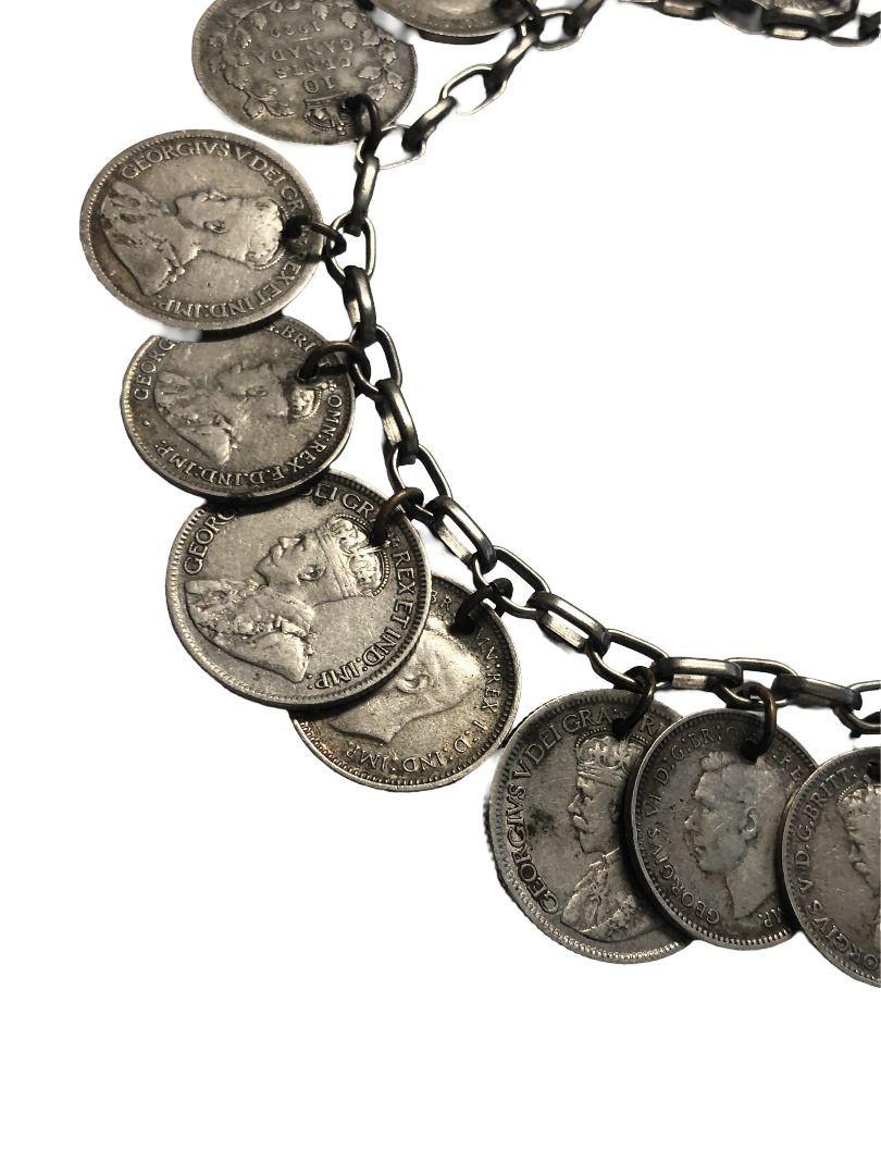 Silver coin bracelet featuring 15 threepence coins and a few Canadian 10-cent coins from the years 1912-1942. From Australia and England.

The list of dates of the 15 coins are below and are in chronological