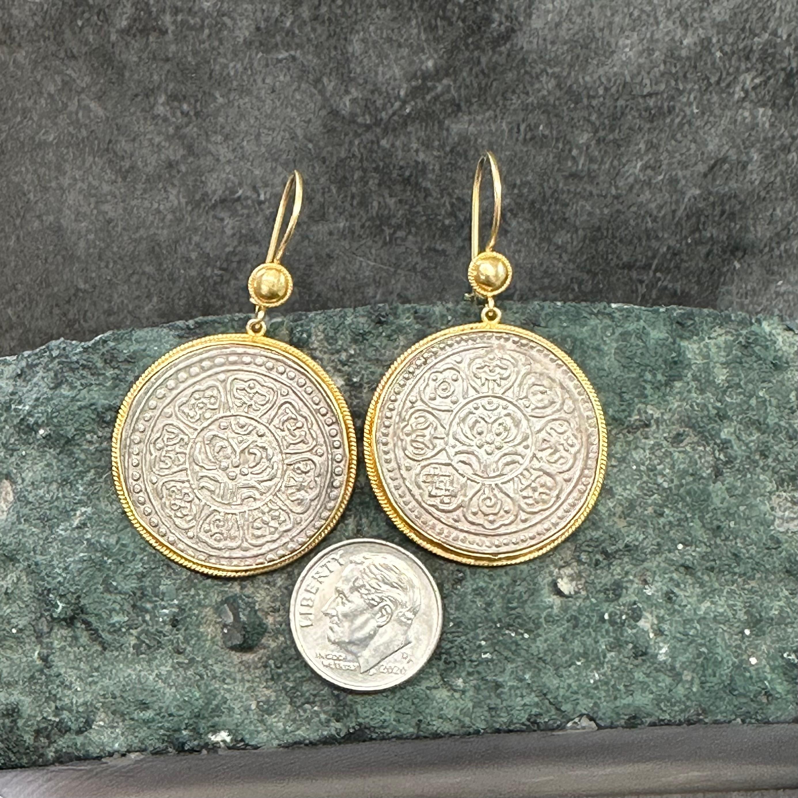 Contemporary 1912 Tibet Silver Tangka Coin 18K Gold Earrings For Sale