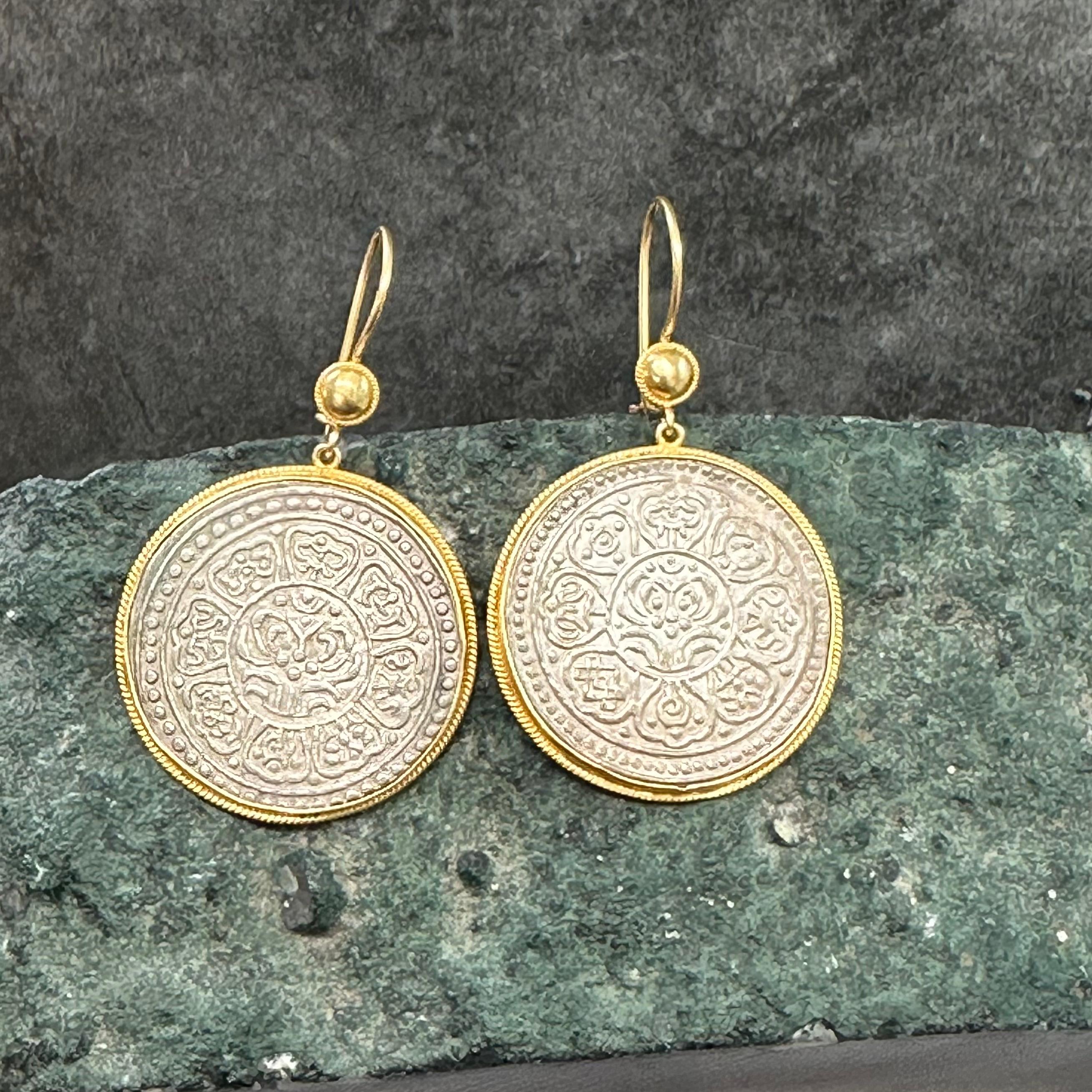 1912 Tibet Silver Tangka Coin 18K Gold Earrings In New Condition For Sale In Soquel, CA
