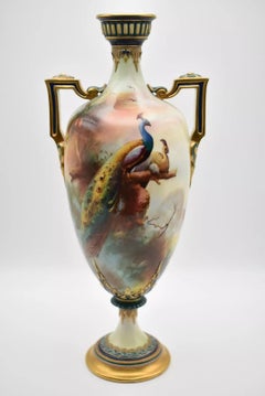 1912 Victorian Royal Worcester Peacock Pedestal Vase and Cover By Walter Sedgley