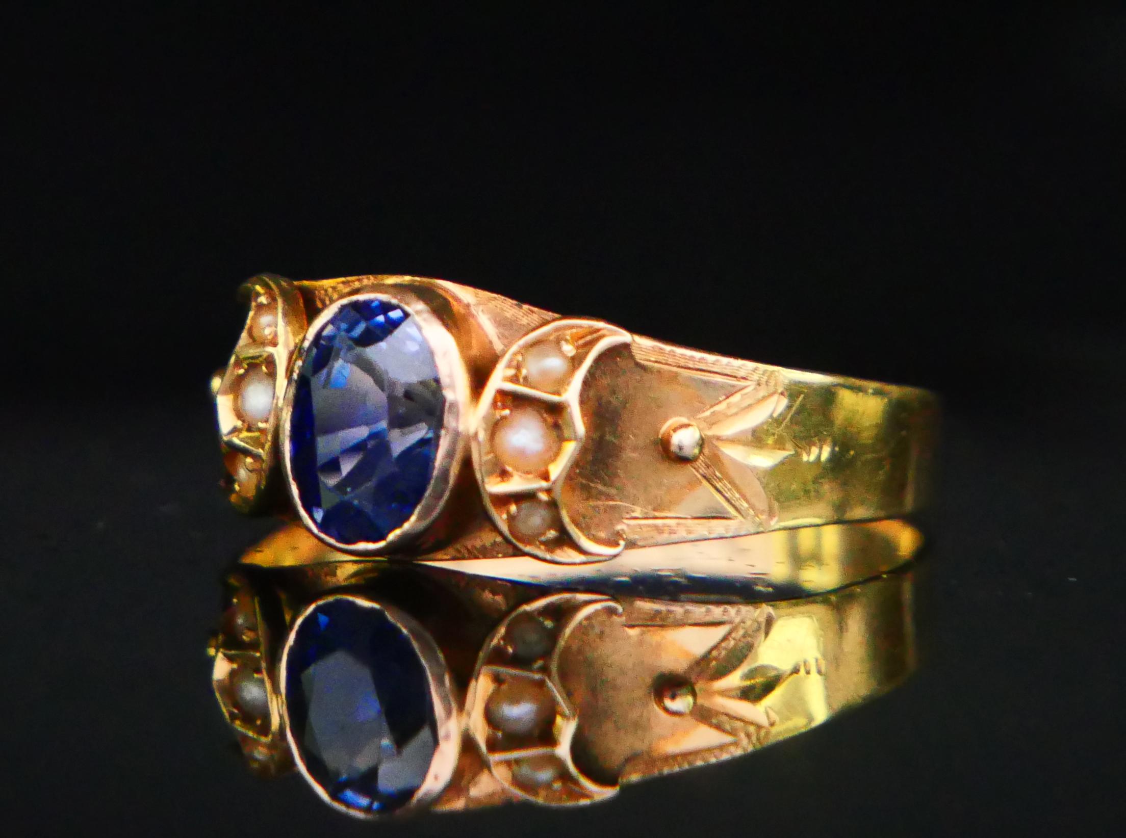 1913 Anello di Anna blu naturale con zaffiro Nature Perle massicce 18K ØUS6.25 / 1.89 gr 9
