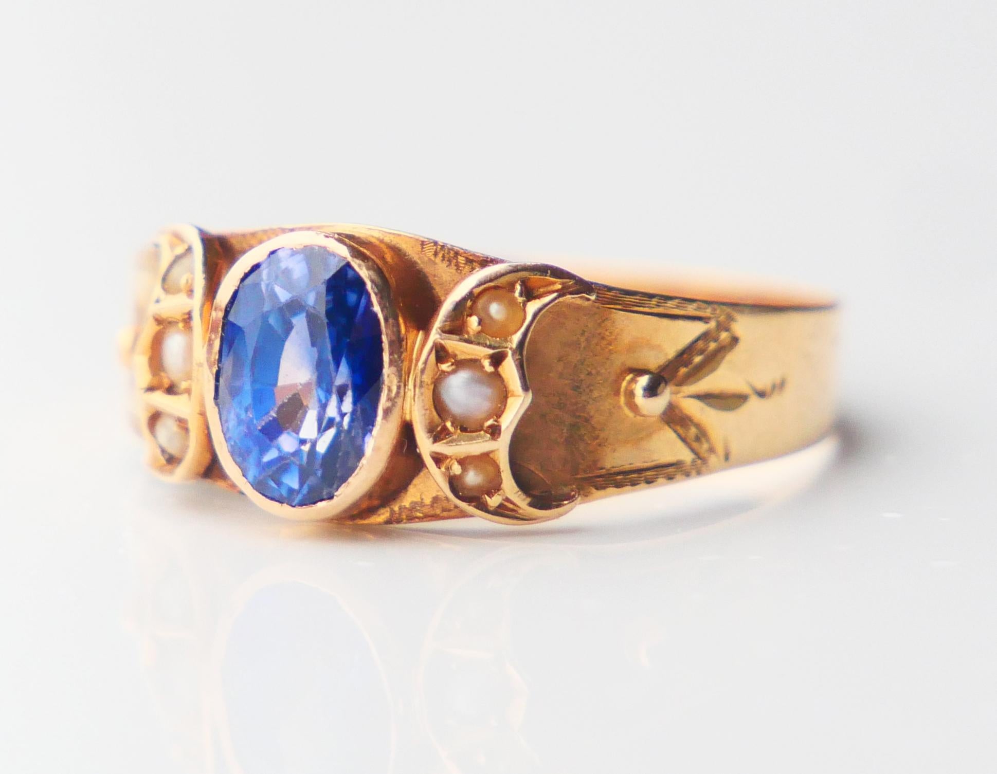 Art Nouveau 1913 Anello di Anna blu naturale con zaffiro Nature Perle massicce 18K ØUS6.25 / 1.89 gr