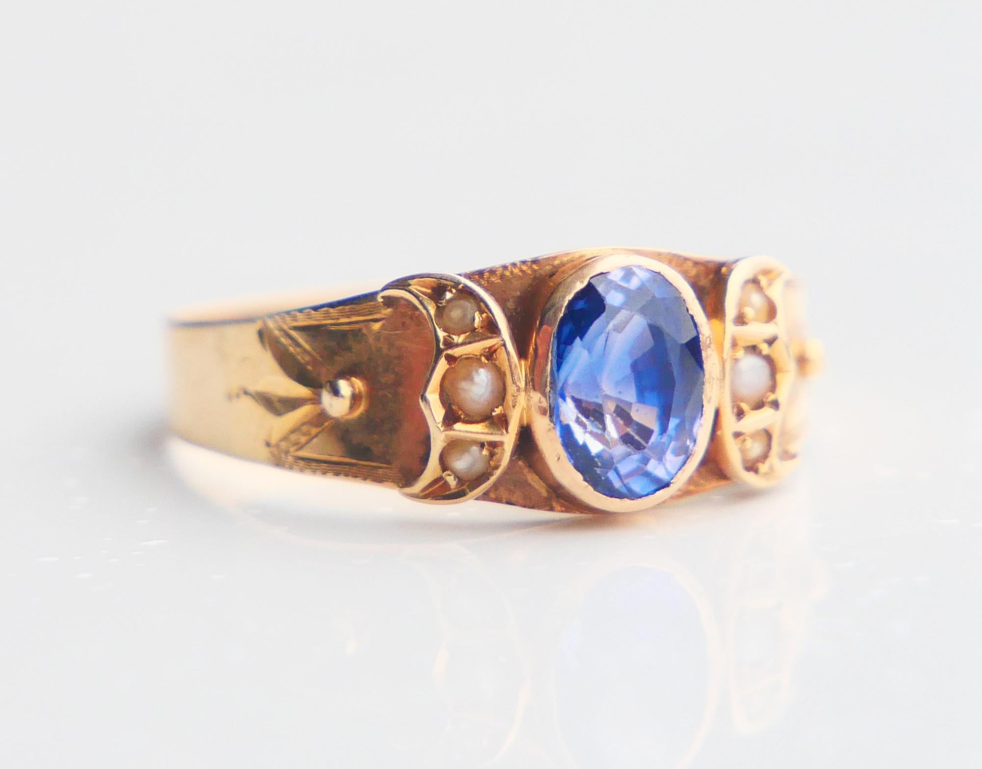 Taglio ovale 1913 Anello di Anna blu naturale con zaffiro Nature Perle massicce 18K ØUS6.25 / 1.89 gr