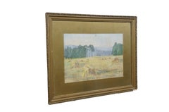 1913 Antique Emily Hyde Indiana Country Hay Field Pastel Landscape Painting 27"