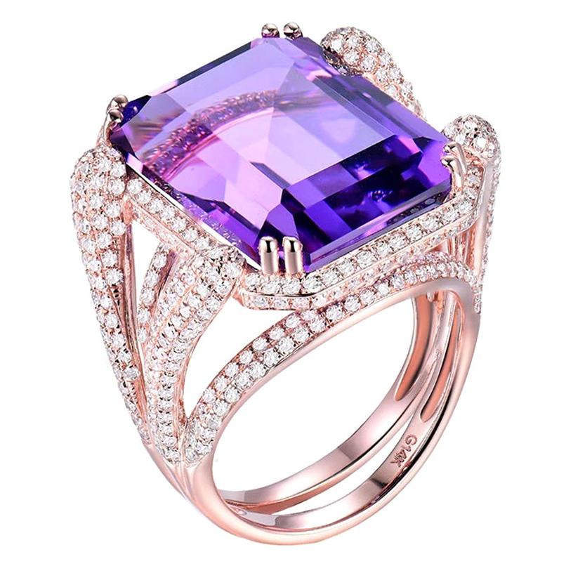 19.13 Carat Amethyst Diamond Ring 14 Karat Rose Gold For Sale