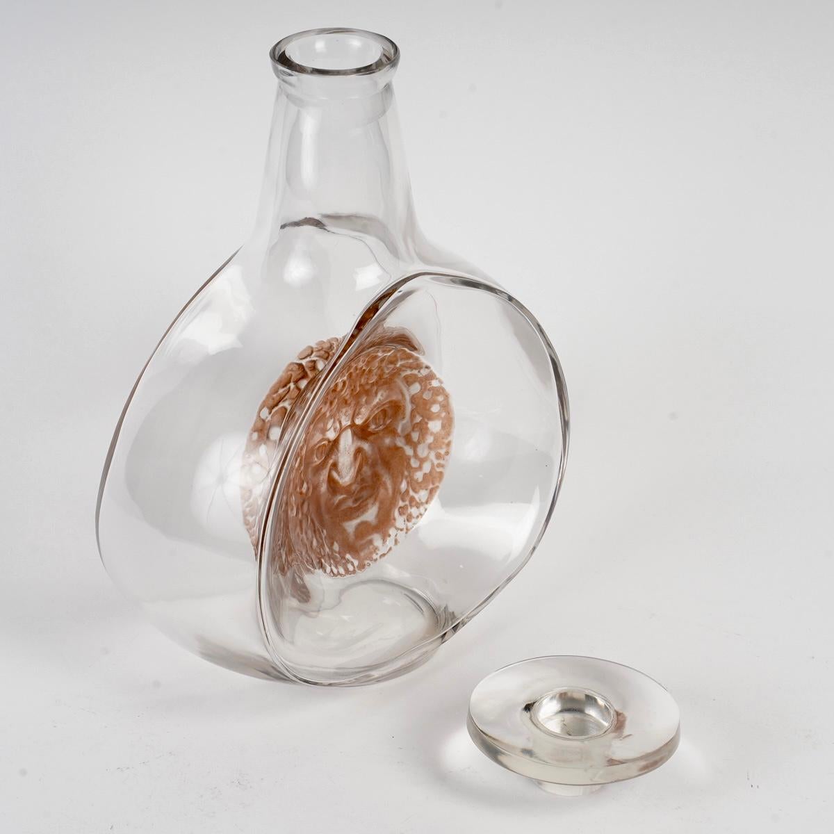 Art Deco 1913 René Lalique Decanter Masques Masks Glass with Sepia Patina