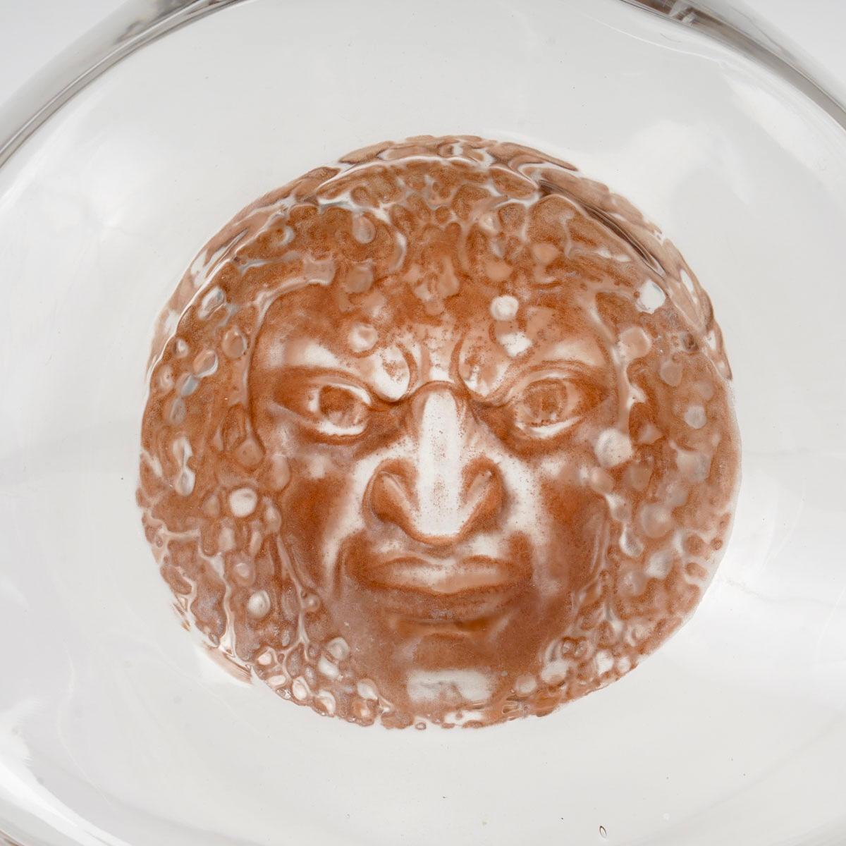 Molded 1913 René Lalique Decanter Masques Masks Glass with Sepia Patina