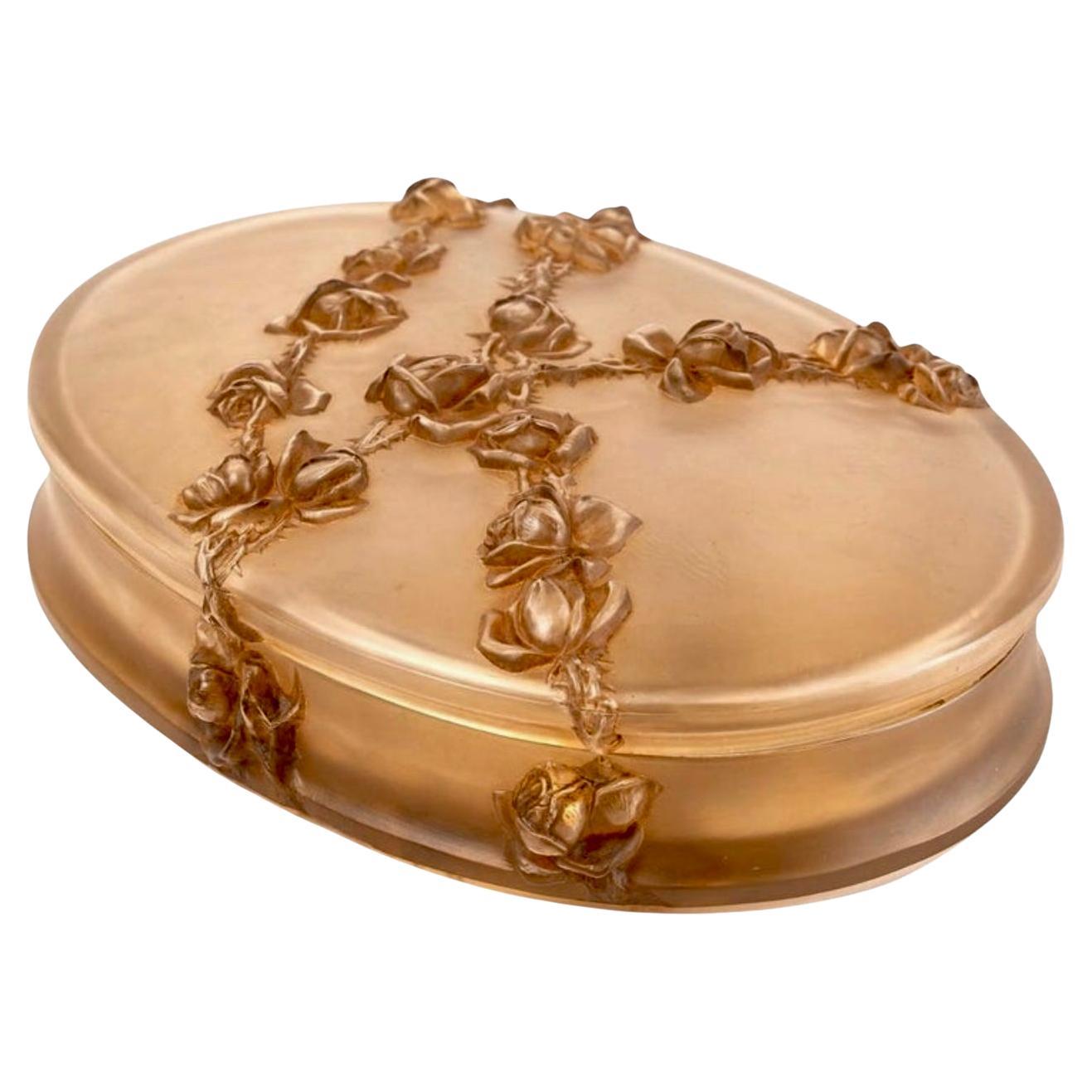 1913 Rene Lalique Roses En Relief Box Frosted Sepia Stained Glass, Flowers
