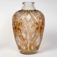 1913 Rene Lalique Vase Lezards et Bluets Glass with Sepia Patina