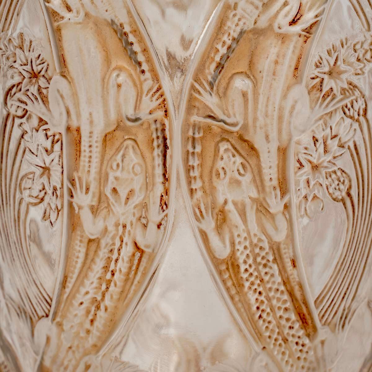 Molded 1913 Rene Lalique Vase Lezards et Bluets Glass with Sepia Patina