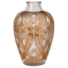 1913 Rene Lalique Vase Lezards et Bluets Glass with Sepia Patina