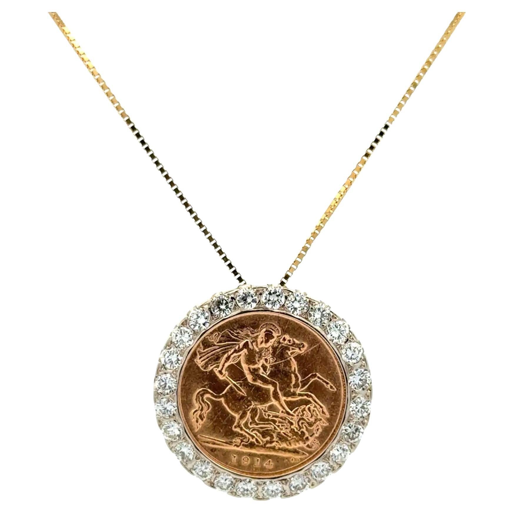 1914 British Half Sovereign Gold Coin and RBC Diamond Vintage Pendant Necklace For Sale