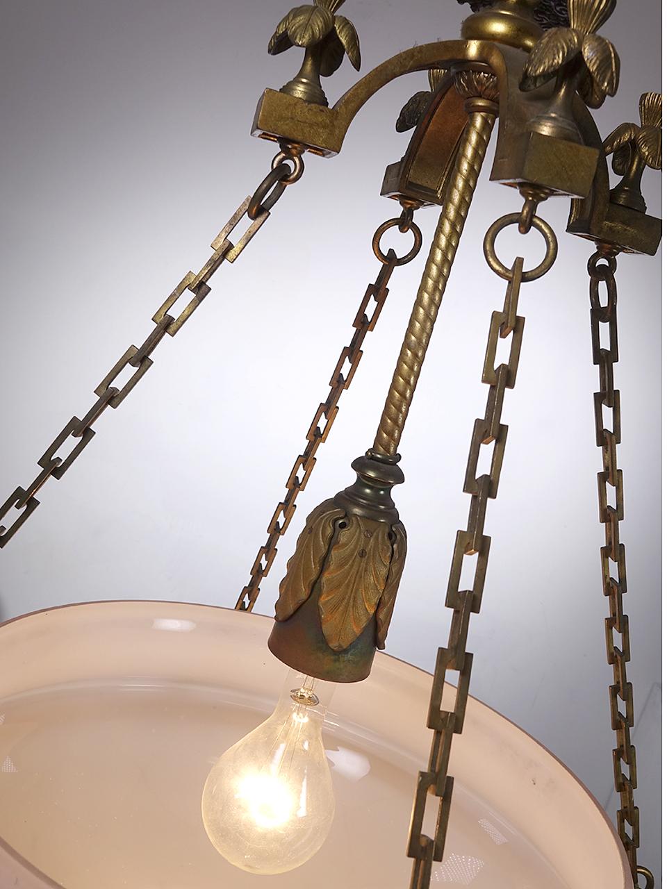 1914 Bronze and Milk Glass Chandeliers In Good Condition In Peekskill, NY