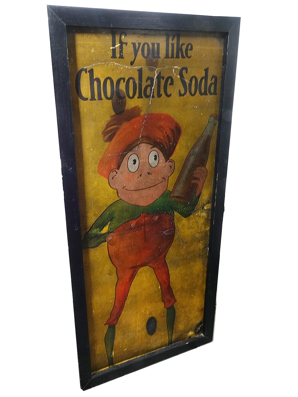 Brownie chocolate soda cardboard Sign. M.C.A. Sign Co. Massillon, O. Scuffs. You never know where or how things will turn up. This and a number of other advertising signs were found in the roof of an old farm house. They were repairing and replacing