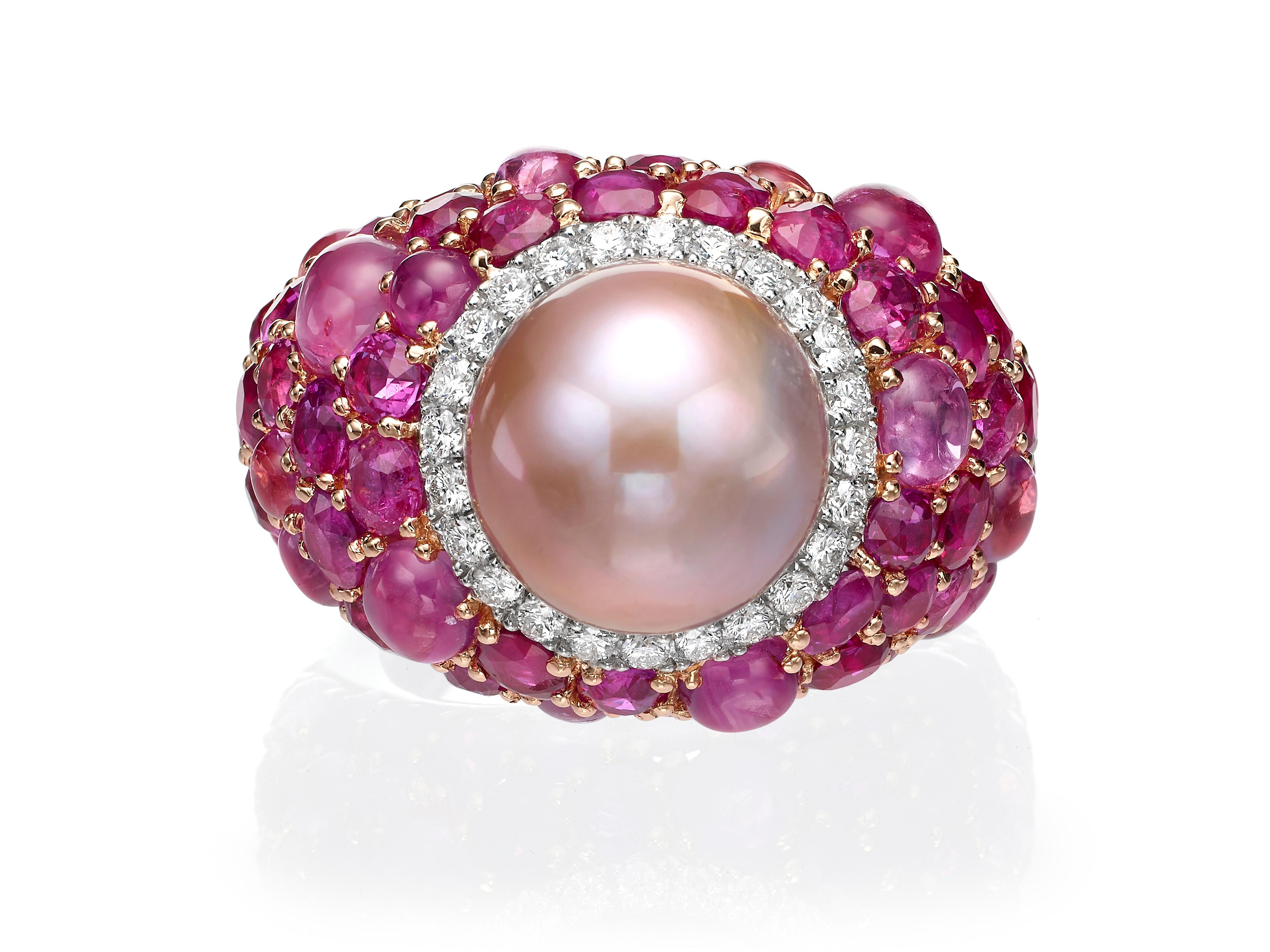 18,31 Karat Rosa Perle Rosa Saphir Rubin Diamant 18K Roségold Cocktail-Ring (Zeitgenössisch) im Angebot