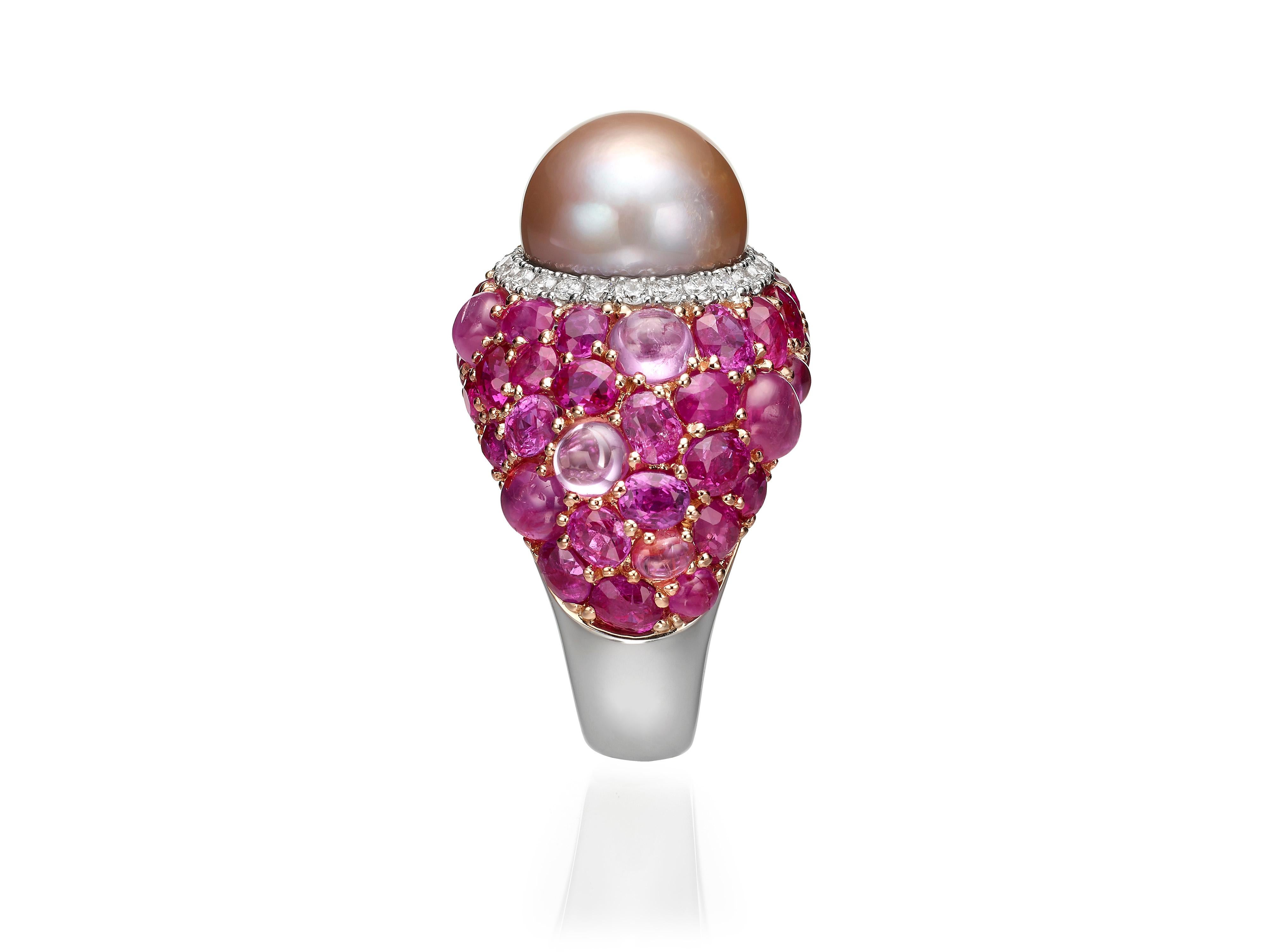 18,31 Karat Rosa Perle Rosa Saphir Rubin Diamant 18K Roségold Cocktail-Ring (Rundschliff) im Angebot