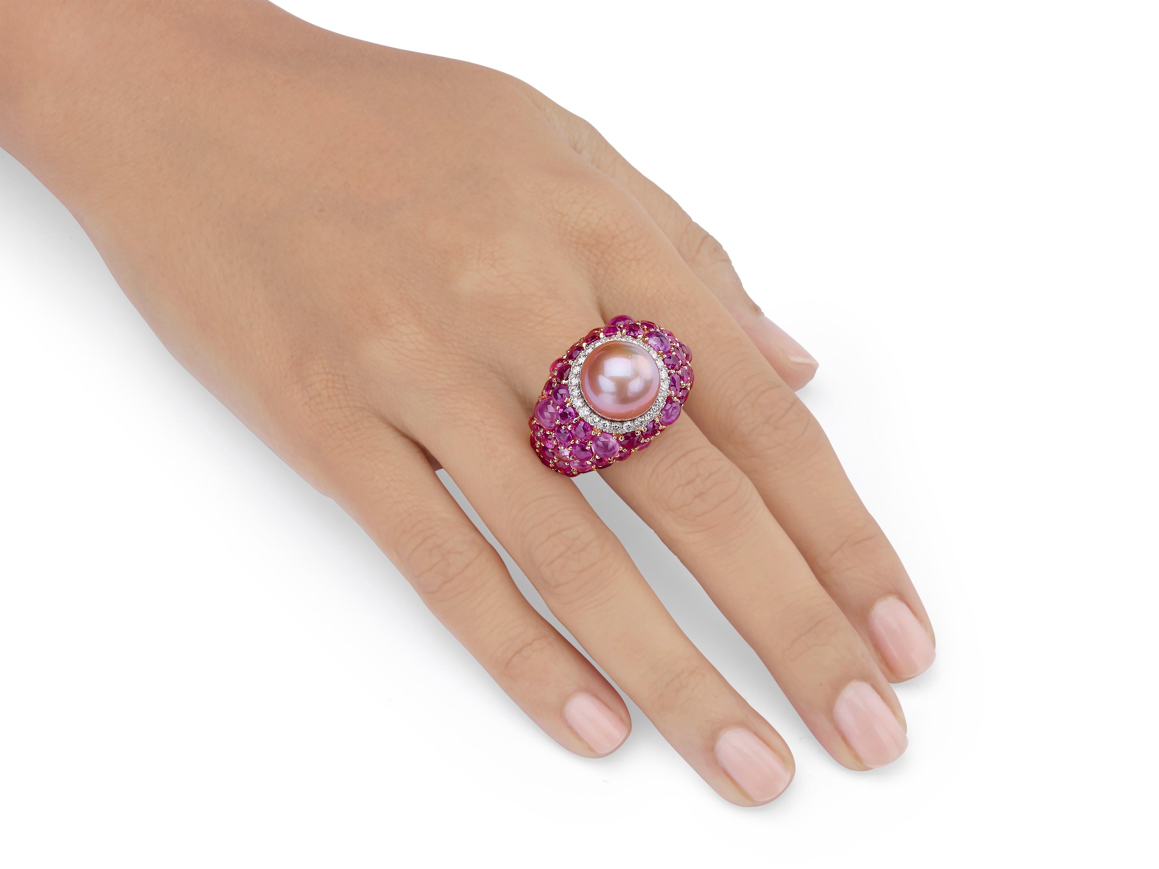 18,31 Karat Rosa Perle Rosa Saphir Rubin Diamant 18K Roségold Cocktail-Ring im Zustand „Neu“ im Angebot in Hong Kong, Kowloon