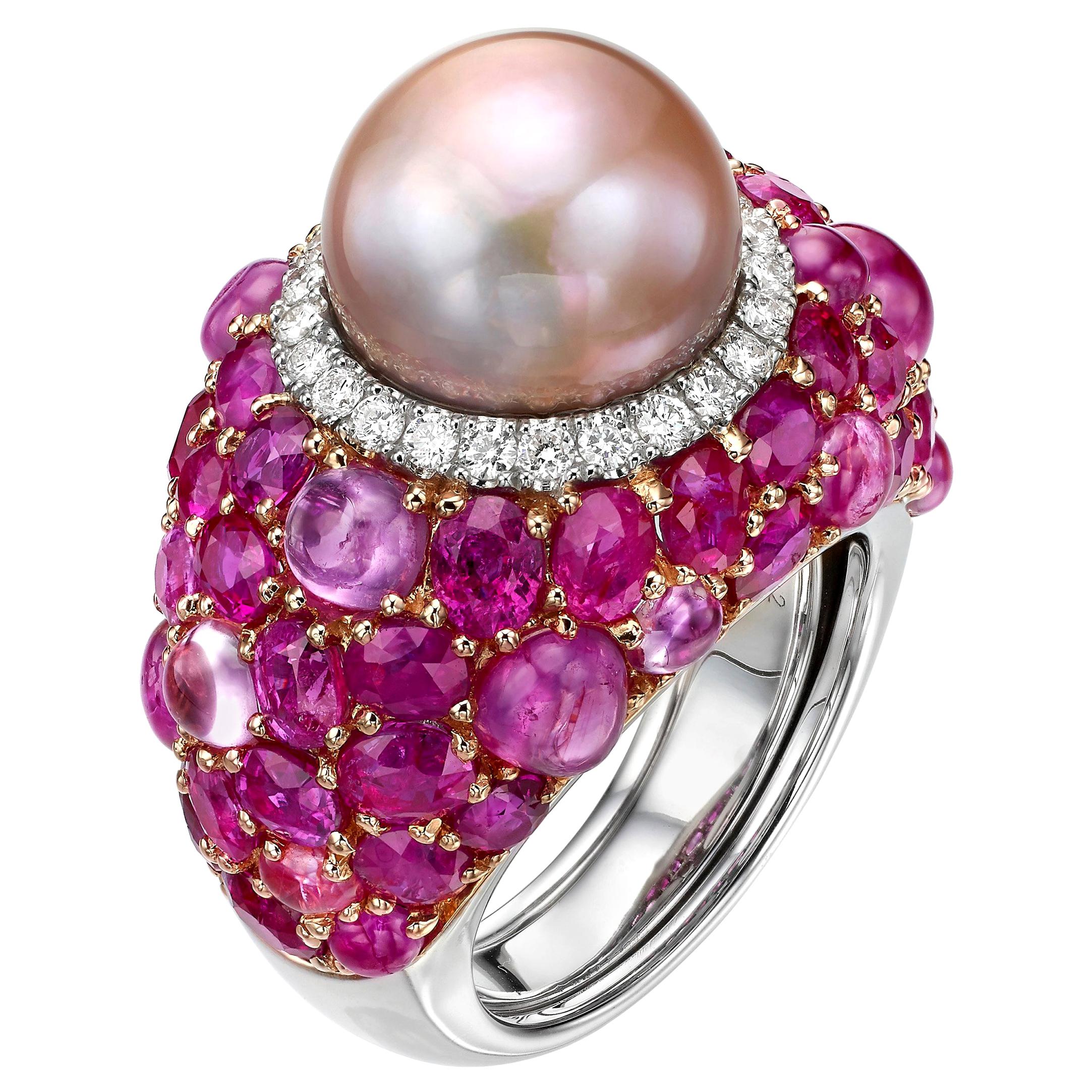 18.31 Carat Pink Pearl Pink Sapphire Ruby Diamond 18K Rose Gold Cocktail Ring