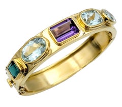 19.14 Karat Gesamt Multi-Gemstone-Armreif mit Scharnier aus 18 Karat Gelbgold